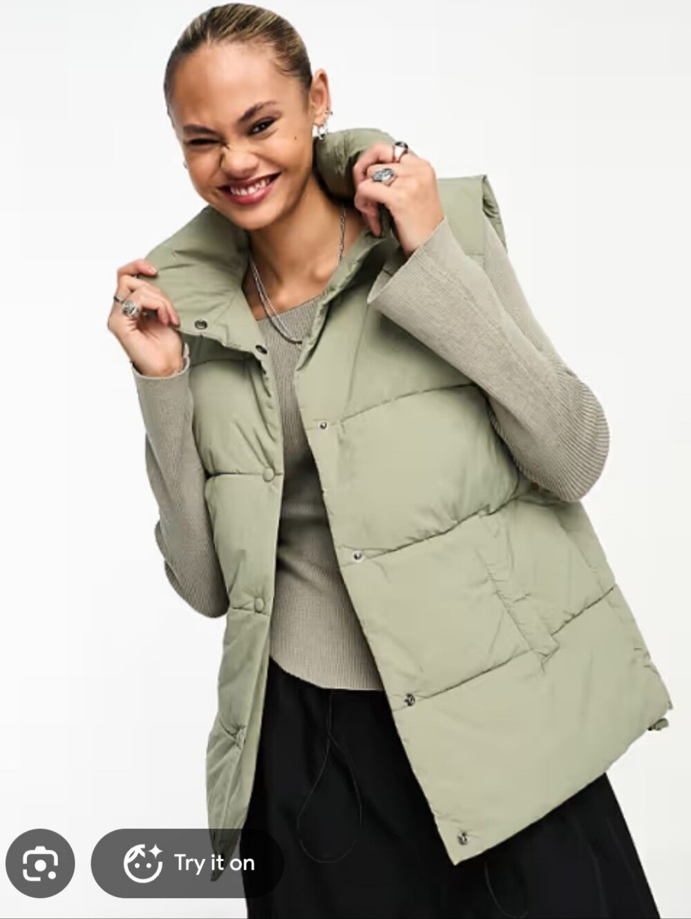 Cotton: On Body The Mother Puffer Recycled Vest  Dusty Khaki Green Womens L/XL